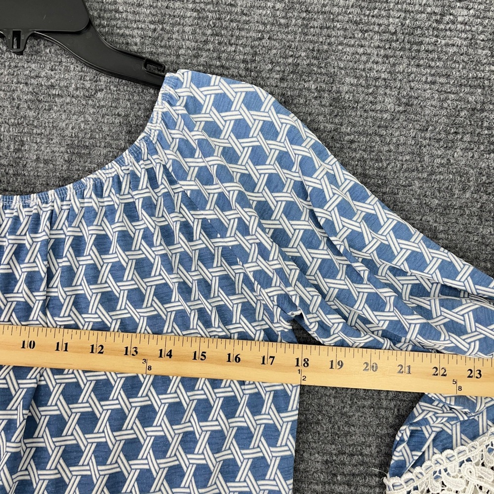 2 B Together Blue White Geo Print‎ Crochet Lace Trim Shift Dress M Boho Resort - Picture 7 of 11